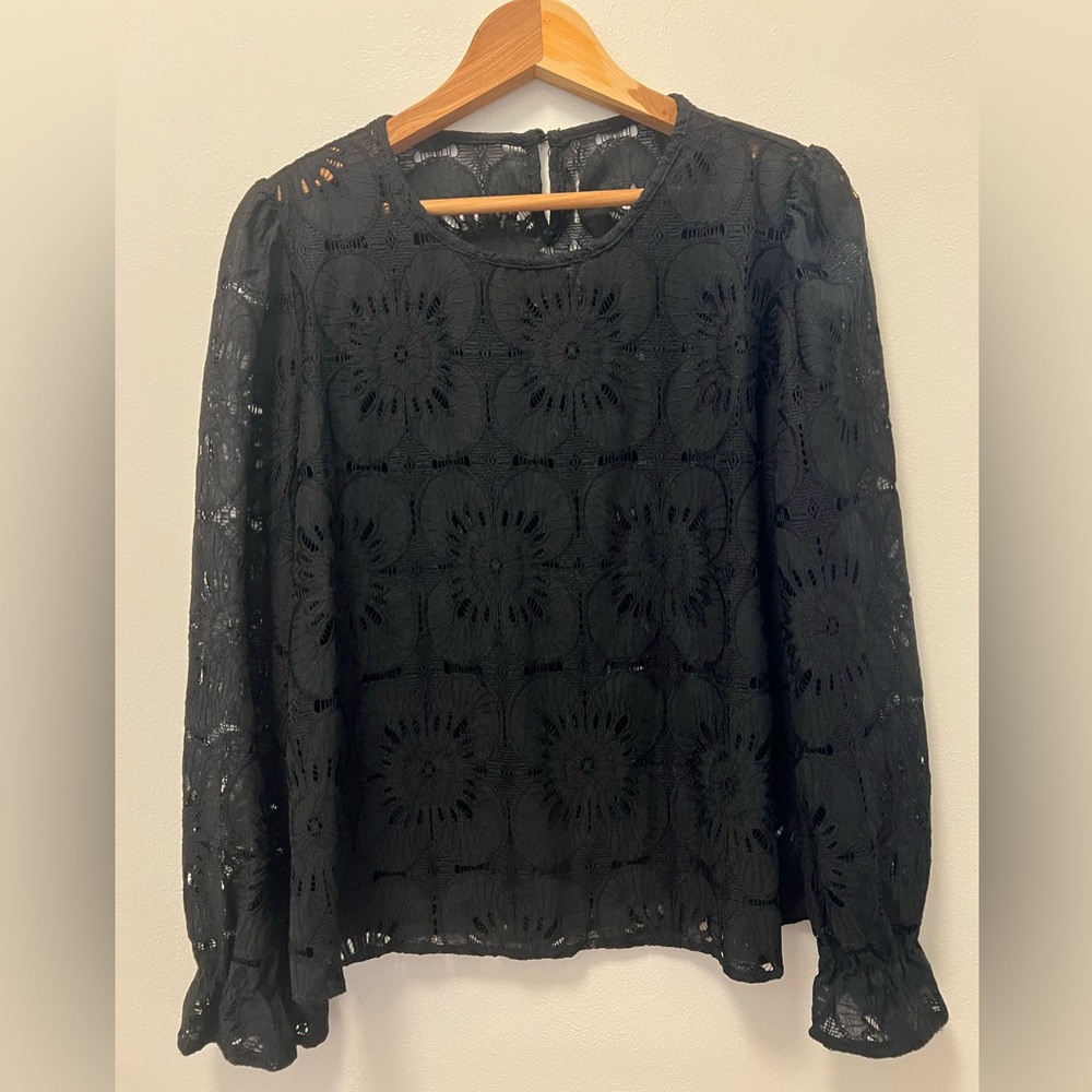 Black Eyelet Cotton Large Black Dress Top Long Sleeve Ruffle